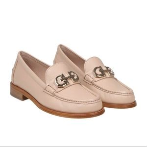 Gancini leather beige loafers, calf leather, branded leather insole,wooden sole.